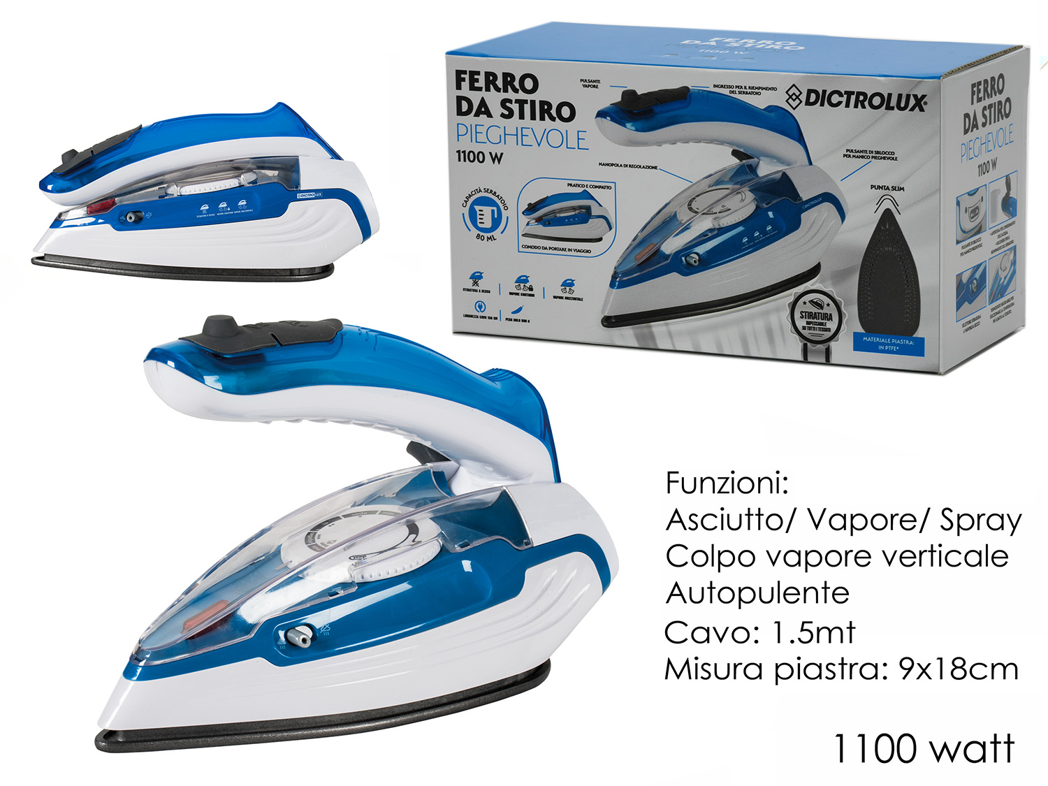 Ferro stiro pieghevole 1100w teflon 790304